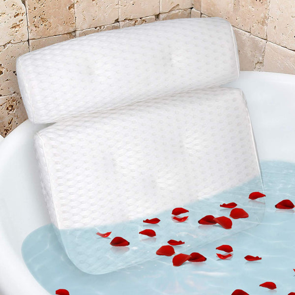 LPOW Bath Pillow, Luxury White Bathtub Pillow Rest with 7 Powerful Suction Cups & Hook for Tub Neck and Back Support, Spa Pillow for Bathtub, Hot Tub Pillow